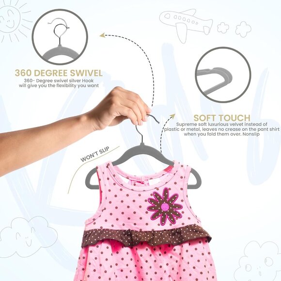 50 Pack Ultra-Slim Grey Velvet Hangers - 11 Inch Non-Slip Kids Closet Solution - Picture 4 of 12